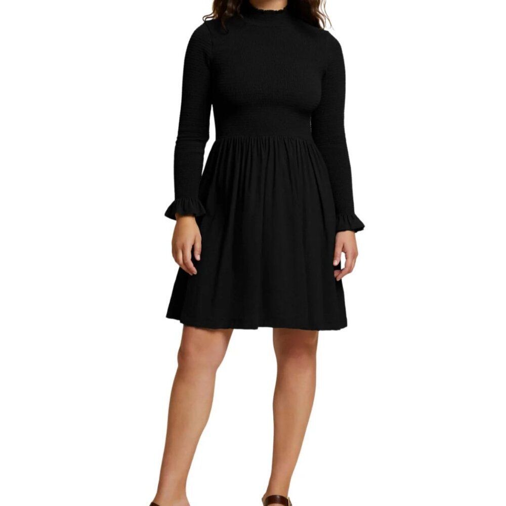 NATION LTD Zuri Dress Size L Black 100% Pima Cotton Long Sleeve Smocked Bodice